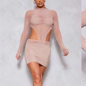 Pretty Little Thing Mesh Cut Out Ruched Long Sleeve Bodycon Dress